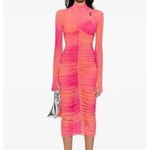 VERSACE JEANS COUTURE Mesh Long Sleeve Ruched Y2K Dress Pink/Orange NWT 44/US 10